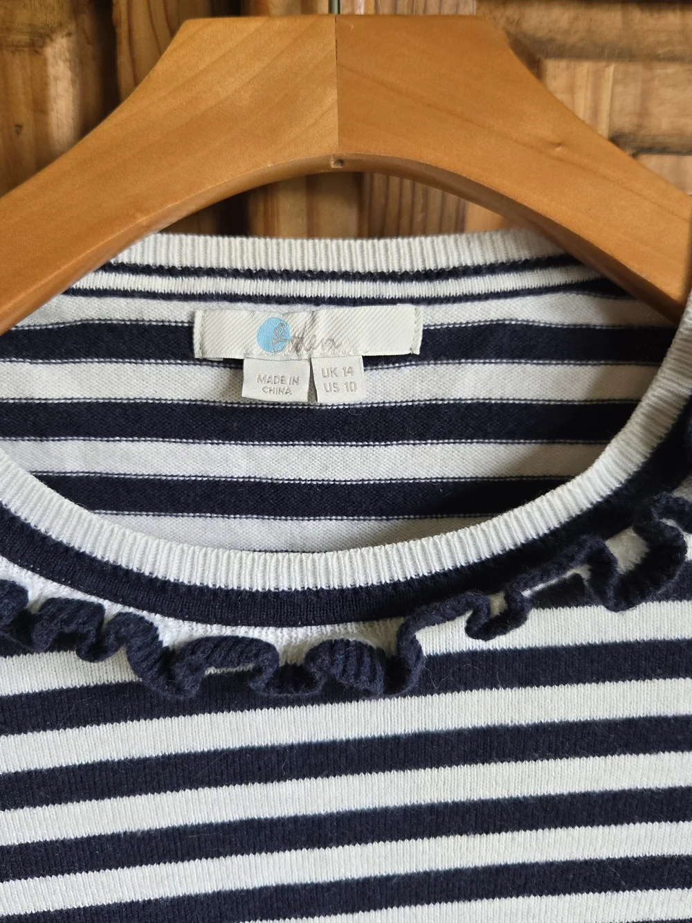 Boden Striped Navy & White Ruffle Neck Sweater